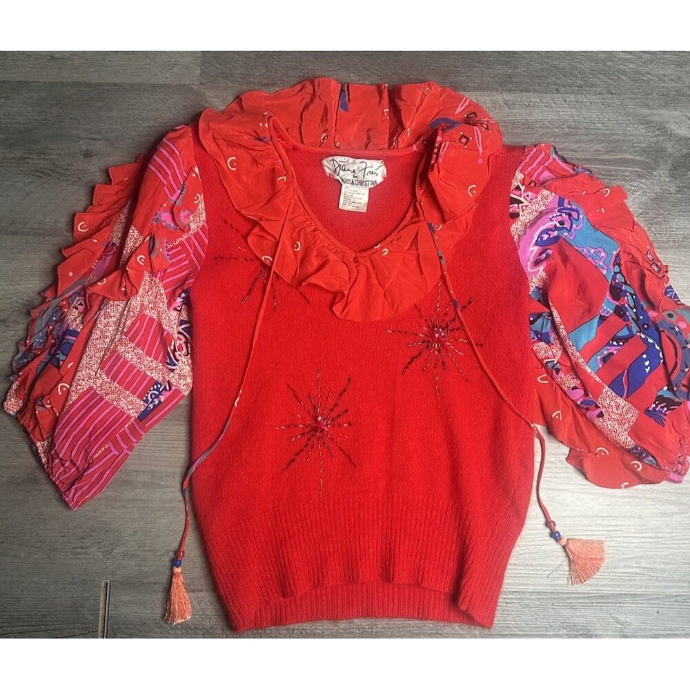 VTG Diane Freis Marisa Christina Angora Silk Ruffle Tassel Sweater Top Red 80s S